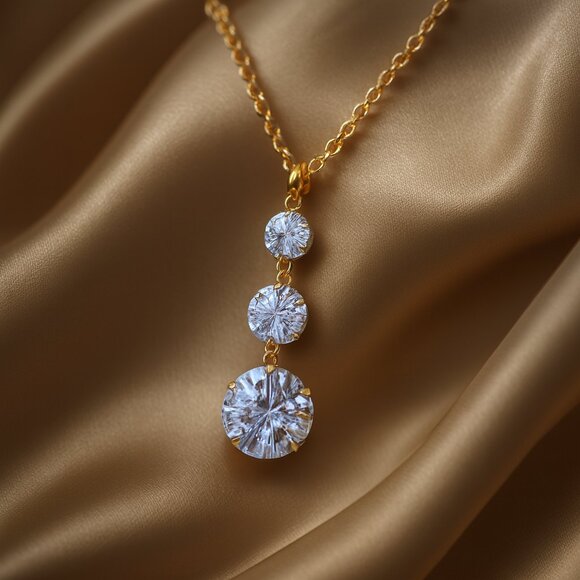 Elegant Gold Necklace – Three Stone Cubic Zirconia Pendant - Luxury Jewelry - Picture 1 of 8